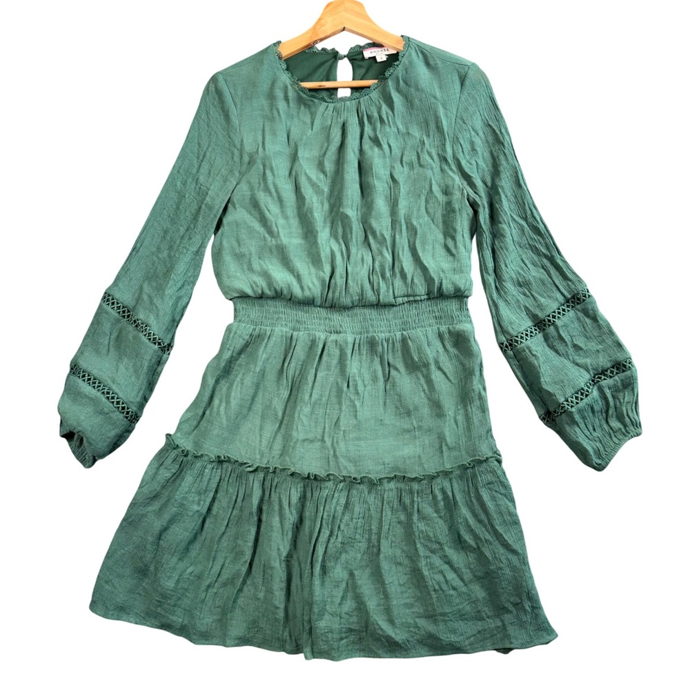 Andree by Unit Green Smocked Mini Dress S Crochet Trim Boho Prairie Cottagecore